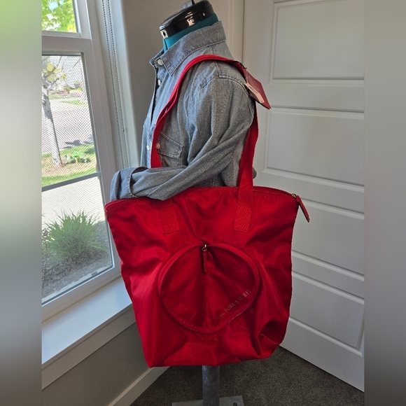 NWT VICTORIA'S SECRET TOTE BAG PINK COLORBLOCK RED HEART PACKABLE SET OF 2 LARGE - Picture 6 of 16